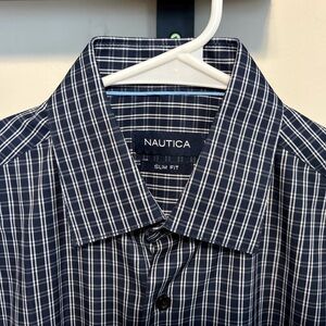 NWT Nautica slim fit navy plaid dress shirt